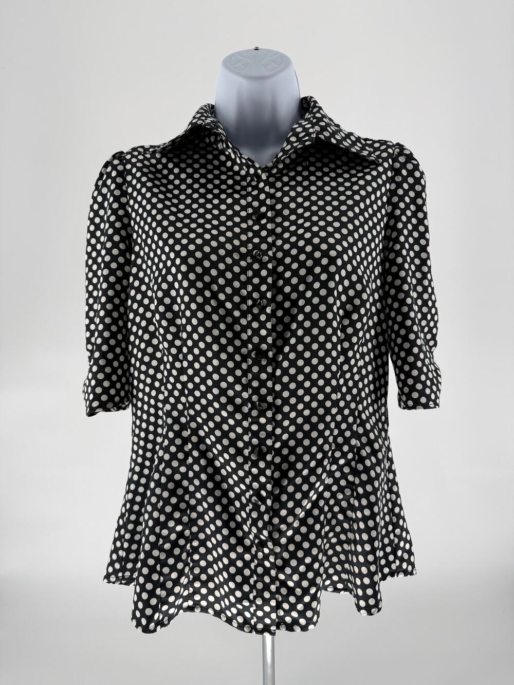 Mixit Womens Medium Black White Polka Dot Button Front Blouse 3/4 Sleeve Top
